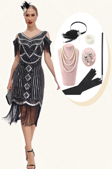 Svart Golden Cold Shoulder Fringes 1920-tallet Gatsby kjole med 20s tilbehør sett